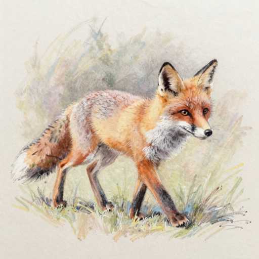 This detailed watercolor painting depicts a fox standing in a grassy field. The fox, with its vibrant orange fur, is positioned in the center of the image, facing to the right. Its head is slightly turned towards the viewer, showcasing its expressive brown eyes and black nose. The fox's ears are perked up, and its white chest contrasts with its orange body. Its bushy tail, tipped in white, extends to the left side of the image. The grassy field beneath the fox is a mix of green, yellow, and brown hues, with some areas appearing blurred, adding depth to the scene. The background is a blend of muted colors, including green, yellow, and brown, with hints of blue, creating a soft, natural setting. The overall composition is square, with the fox as the focal point, surrounded by the blurred, colorful grass and indistinct foliage.