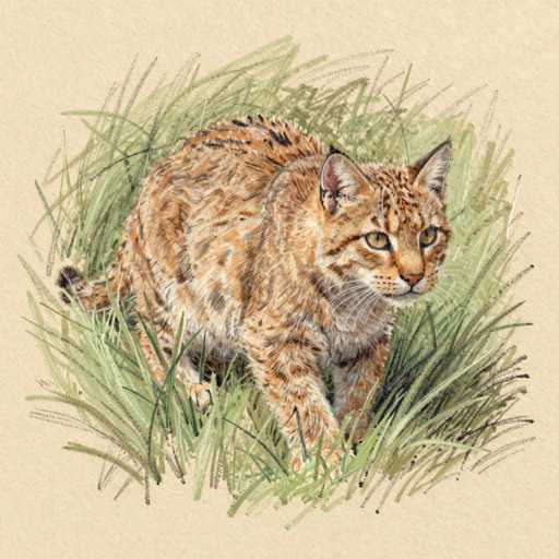 This detailed illustration depicts a young bobcat, or possibly a lynx, standing in a patch of tall, green grass. The animal's fur is a blend of light brown, tan, and white, with distinctive black spots and stripes, particularly noticeable on its back and tail. Its face features a white muzzle, a pink nose, and striking yellow eyes with black pupils. The bobcat's ears are perked up, and its whiskers are clearly visible. The grass surrounding the bobcat is a mix of light and dark green shades, with some black accents, and is depicted in a somewhat abstract, scribbled style. The background of the image is a light tan or beige color, providing a subtle contrast to the vibrant colors of the bobcat and the grass. The overall composition is square, with the bobcat positioned centrally, giving it a prominent and captivating presence in the artwork.
