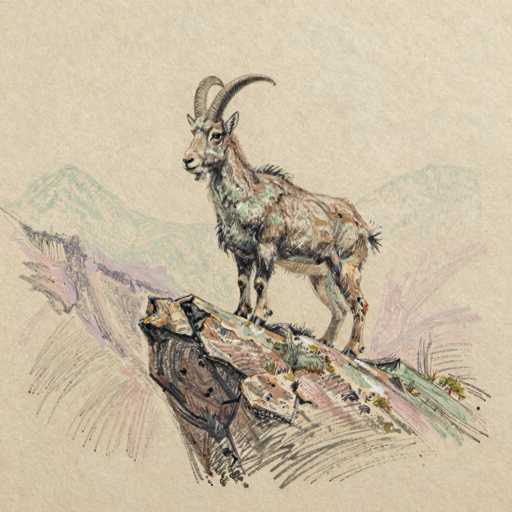 This detailed illustration depicts a mountain goat standing majestically on a rocky outcrop. The goat, rendered in a mix of brown, gray, and white hues, features prominent curved horns that extend from its head and curve back towards its body. Its fur is short and dense, with a noticeable patch of longer hair on its chest. The goat's legs are brown, and its hooves are black. It stands on a rock that is predominantly brown with patches of green moss and grass. The background showcases a series of mountains, with the nearest one being brown and the more distant ones shaded in green and purple. The entire scene is set against a light brown, textured paper, giving the illustration a rustic and natural feel.