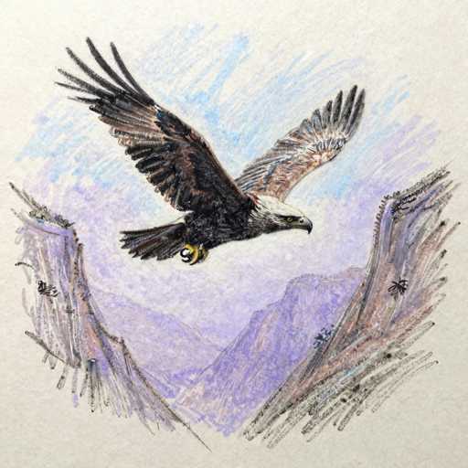 This detailed illustration, likely created with colored pencils or crayons, depicts a majestic bald eagle soaring through a vibrant sky. The eagle, characterized by its distinctive white head and tail, and contrasting black body, wings, and talons, is captured in mid-flight with its wings fully extended. Its sharp, black beak and piercing yellow eyes add to its fierce appearance. The eagle's talons are adorned with yellow rings, suggesting it might be tagged for tracking purposes. The background features a serene blue sky with hints of purple clouds, and a rugged mountain range rendered in shades of brown and purple. The mountains are dotted with black trees, adding depth to the scene. The entire composition is set against a light gray or beige paper, enhancing the vivid colors of the eagle and its surroundings.