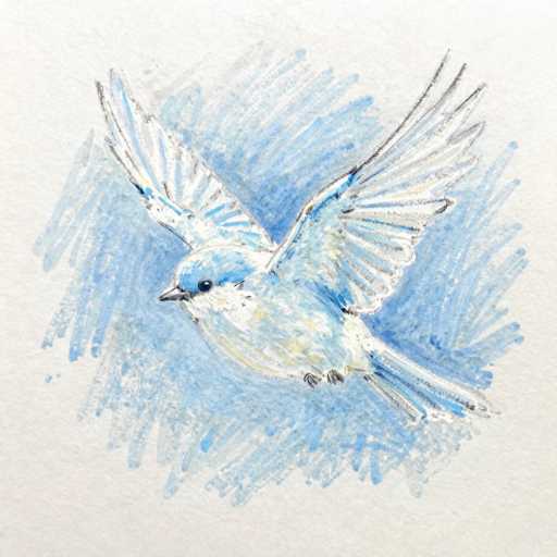 This image features a detailed watercolor painting of a blue jay in flight, set against a white background. The bird is depicted with its wings fully extended, showcasing a striking combination of blue and white feathers. The blue jay's head is predominantly blue, with a black eye and a small black beak. Its chest is white, and the wings display a mix of blue and white feathers, with the tips of the wings appearing more white. The bird's long tail feathers are also blue and white, and its feet are visible, tucked underneath its body. The background is filled with blue brush strokes, creating a sense of movement and depth, while the edges of the painting are left white, emphasizing the bird's graceful flight. The overall composition captures the elegance and beauty of the blue jay in mid-air.
