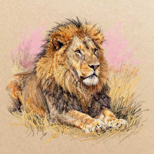 This detailed illustration depicts a majestic male lion lying down in a grassy field. The lion's body is oriented towards the right, with its front paws extended forward and its back legs tucked underneath. The lion's fur is a rich tapestry of colors, featuring a dark brown body, a lighter brown mane with black tips, and a face that blends light brown with white around the mouth. The lion's eyes are a striking brown, and its nose is a pinkish hue. The grass beneath the lion is a mix of yellow and green, adding a natural touch to the scene. The background is a light brown, almost tan color, with a subtle pink hue that enhances the overall composition. The lion's gaze is directed slightly to the right, giving it a contemplative expression. The entire image is framed in a square shape, capturing the essence of this regal creature in a serene moment.