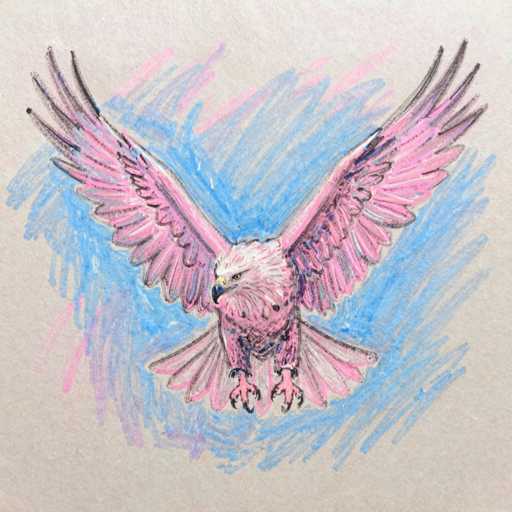 This image features a detailed drawing of a majestic eagle, rendered in vibrant pink hues. The eagle's wings are fully outstretched, showcasing an impressive wingspan with feathers meticulously outlined in black. Its head is adorned with a striking white coloration, contrasting with the black beak and eyes. The body of the eagle is predominantly pink, with black accents highlighting the wings and tail feathers. The bird's talons are also black, adding to its fierce appearance. The background is a blend of blue and pink scribbles, creating a dynamic and colorful backdrop that complements the eagle's vivid coloring. The entire drawing is set against a clean white background, emphasizing the intricate details and bold colors of the eagle.