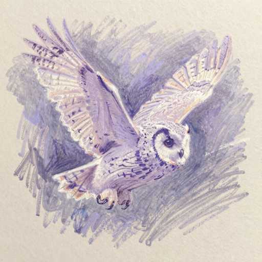 This image features a detailed drawing of a majestic white owl, set against a light gray background. The owl is depicted in mid-flight, with its wings fully extended. The wings are predominantly white, adorned with intricate black and gray speckles, and the tips of the wings are highlighted with a striking orange hue. The owl's body is mostly white, with a distinctive black ring encircling its neck. Its face is characterized by a sharp, curved beak and large, expressive black eyes. The owl's talons are also black, adding to its fierce appearance. Surrounding the owl is a dynamic background of black and gray scribbles, which enhances the sense of movement and energy in the artwork. The overall composition is both striking and detailed, capturing the essence of the owl in flight.