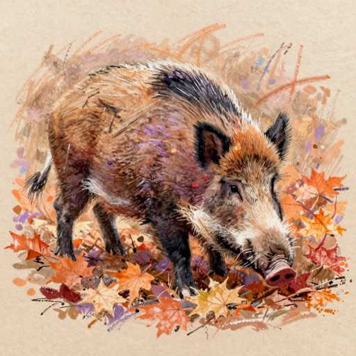 This image features a detailed watercolor painting of a pig, set against a light brown background. The pig, depicted in a side profile facing right, has a distinctive appearance with a mix of brown, black, and white fur. Its head is predominantly white with a black nose, and it has black ears and eyes. The pig's body showcases a blend of brown and black fur, with a notable black stripe running down its back. The legs are black, and the tail is black with a white tip. Surrounding the pig are vibrant autumn leaves in shades of orange, yellow, and red, adding a seasonal touch to the scene. The background is adorned with abstract, colorful lines in hues of orange, purple, and blue, enhancing the overall artistic composition.