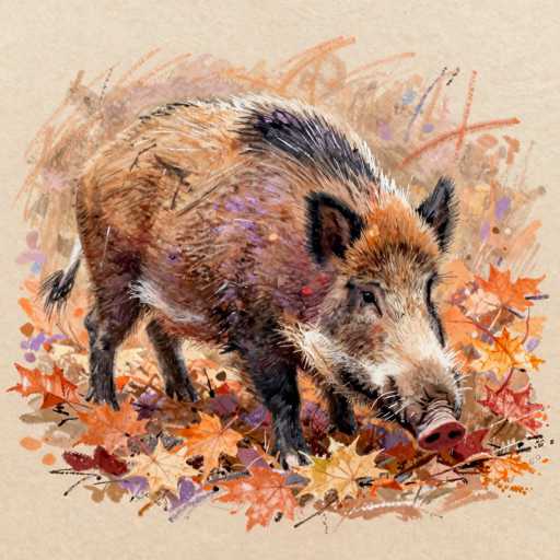 A watercolor-style illustration of a wild boar foraging in autumn leaves. The boar is depicted with a textured, earthy brown coat and a prominent snout, its head lowered as it sniffs through the fallen leaves. The background is a soft, warm beige paper texture with loose brushstrokes of orange, red, and purple leaves scattered around. The overall style is painterly and slightly abstract, emphasizing the texture of the watercolor medium.