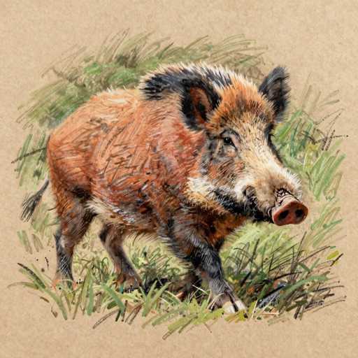 This image features a detailed drawing of a wild boar, set against a textured, light brown background that resembles cardboard. The boar is depicted in a side profile, facing to the right, with its head slightly turned towards the viewer. The animal's fur is a mix of reddish-brown, black, and white, with a distinctive black stripe running from its snout to its neck. The boar's snout is large and pig-like, with two prominent black nostrils. Its ears are black, and its legs are a darker brown, transitioning to black at the bottom. The boar stands on a patch of green grass, which is drawn with varying shades of green and black, adding depth and texture to the scene. The overall composition is rich in detail, capturing the wild and rugged nature of the boar.