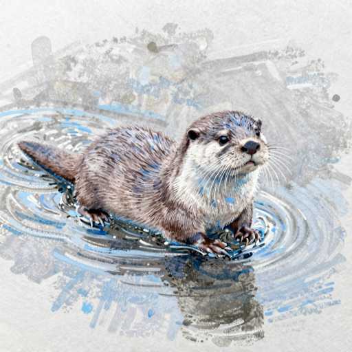 This detailed watercolor painting captures a serene moment of an otter floating in a pond. The otter, with its sleek brown fur and white underbelly, is depicted in a side profile, facing right. Its head is slightly tilted upwards, giving it a curious expression as it gazes towards the top right corner of the image. The otter's long, white whiskers and black nose are prominently featured, adding to its lifelike appearance. The water around the otter is rendered in a mix of blue and gray hues, with gentle ripples emanating from where the otter rests, creating a sense of movement and tranquility. The background is a soft blend of gray and white tones, with subtle hints of blue, enhancing the overall calm atmosphere of the scene. The painting's delicate brushstrokes and harmonious color palette contribute to the peaceful and natural ambiance of this captivating artwork.