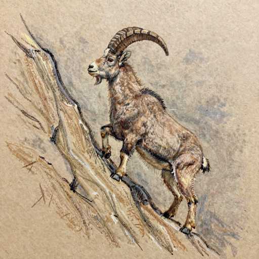This detailed illustration depicts a mountain goat, likely a chamois, standing on a steep, rocky incline. The goat is rendered in a naturalistic style, with a brown coat accented by black and white highlights. Its prominent, curved horns extend from the top of its head, arching back over its body. The goat's face features a white muzzle, a black nose, and a small beard, with its ears pointed backward. It stands on all four legs, with its front legs slightly bent, and its hooves gripping the rocky surface. The background is a textured, light brown paper with subtle gray shading, enhancing the overall earthy tones of the scene. The illustration captures the essence of the goat's strength and agility as it navigates the rugged terrain.