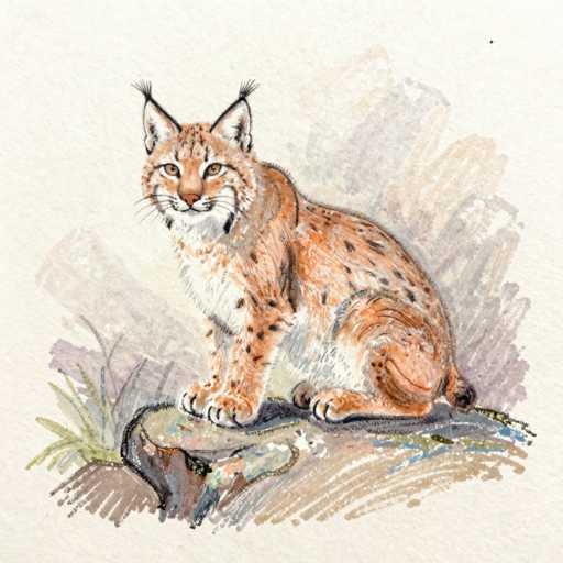 This detailed watercolor painting depicts a young bobcat, characterized by its reddish-orange fur adorned with black spots. The bobcat, with its white chest and belly, is perched on a rock, gazing directly at the viewer with striking yellow eyes and a pink nose. Its ears are perked up, featuring tufts of fur at the tips, and it has prominent whiskers. The background is a blend of muted colors, including shades of gray, purple, and orange, with hints of green grass in the lower left corner. The overall composition is set against a light gray, almost white, backdrop, enhancing the vividness of the bobcat's features.