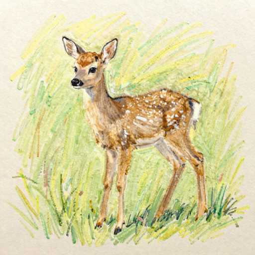 This image features a detailed watercolor painting of a young deer, likely a fawn, standing in a grassy field. The deer, positioned centrally and facing left, has a light brown coat adorned with white spots, particularly noticeable on its back and sides. Its head is a darker brown with a distinctive white patch on the forehead, and it has a black nose and eyes. The deer's ears are perked up, and its short tail is white. The grassy field is depicted with a mix of green, yellow, and brown hues, with the grass appearing taller around the deer. The background is a light tan color, enhancing the natural setting. The painting captures the fawn in a serene moment, standing still and gazing off into the distance.