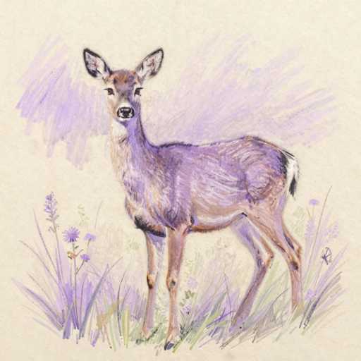 This image features a detailed painting of a deer standing in a grassy field. The deer, which appears to be a doe, is depicted with a brown coat and a distinctive white tail. Its ears are perked up, and it has a black nose and dark eyes. The background is a blend of light purple and white, creating a soft, ethereal atmosphere. Surrounding the deer are various plants, including purple flowers and tall grasses, adding to the natural setting. The artist's signature is visible in the bottom right corner of the painting.