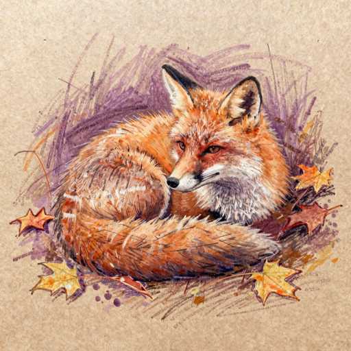 This detailed illustration features a fox curled up in a ball, with its head facing the viewer and its tail wrapped around its body. The fox's fur is predominantly orange, with a white chest and a white tip on its tail. Its ears are orange with black outlines, and its eyes are a striking orange-brown. The fox's nose is black, and its whiskers are white. Surrounding the fox are vibrant autumn leaves in shades of orange, yellow, and brown, with a few scattered around it. The background is a textured light brown, resembling watercolor paper, and is adorned with purple and brown scribbles, adding depth to the scene. The fox's body is oriented towards the right, while its head is turned to the left, giving it a contemplative expression.