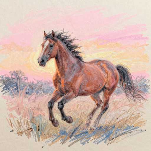This image is a detailed watercolor painting of a brown horse with a black mane and tail, running through a field. The horse, which has a distinctive white stripe down its face, is depicted in mid-gallop with all four legs off the ground. The background features a vibrant sky transitioning from pink to yellow, suggesting either a sunrise or sunset. The field is a mix of pink, blue, and brown hues, with some green trees and bushes in the distance. The painting is on a square canvas, approximately six inches by six inches, and the horse's head is turned to the left, giving a dynamic sense of motion. The overall scene captures the essence of a serene yet lively moment in nature.