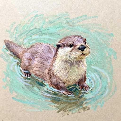 A watercolor painting of an otter swimming in a light blue-green water, with soft brushstrokes and gentle ripples. The otter is positioned in the center of the frame, facing slightly to the right, with its head tilted upwards. Its fur is a mix of brown and cream, and its whiskers are long and delicate. The water around the otter is rendered with swirling brushstrokes, suggesting movement. The background is a light beige paper, providing a neutral backdrop for the artwork.