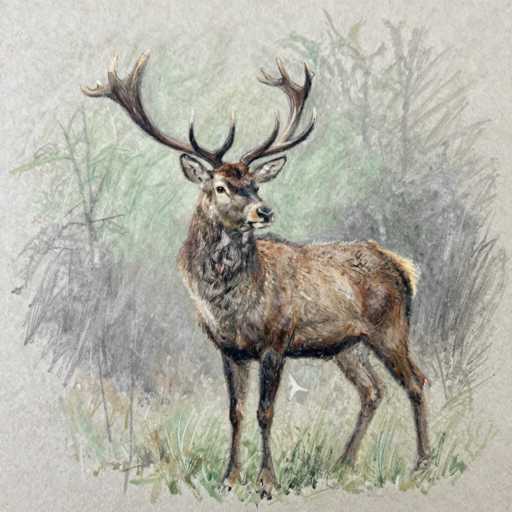The image is a detailed painting of a majestic buck with large, impressive antlers. The deer, depicted in shades of brown, gray, and black, stands in a grassy field, surrounded by a mix of green and brown hues. The background features a blend of trees and bushes, rendered in a more abstract style with gray and green tones, creating a sense of depth. The buck's head is turned to the right, showcasing its alert ears and expressive eyes, while its body faces left. The painting captures the essence of the deer in a natural setting, with the artist skillfully using various colors to bring the scene to life.