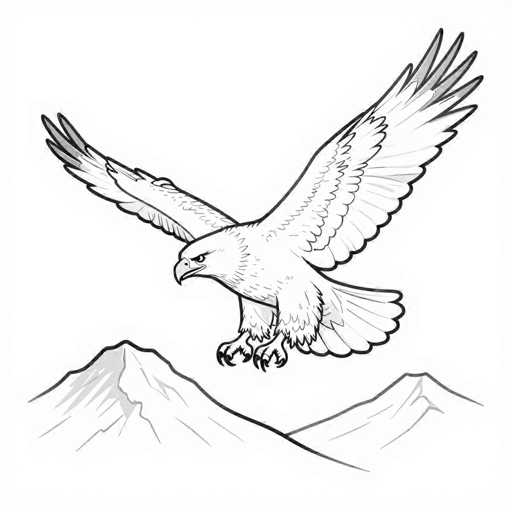 A majestic bald eagle in flight, soaring between two mountain peaks. The eagle is depicted with its wings fully extended, talons outstretched, and a focused gaze directed downwards. The style is a detailed black and white line drawing with shading to convey depth and texture in the feathers. The mountains are simple, stylized representations of peaks, suggesting a vast, mountainous landscape. The overall composition is dynamic and emphasizes the power and freedom of the bird in flight.