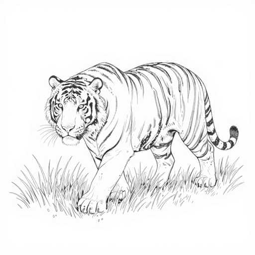 This black and white drawing features a majestic tiger walking through a grassy field. The tiger, depicted with realistic detail, has its head turned towards the viewer, showcasing its piercing eyes and distinctive facial features. Its body is adorned with bold stripes, and its tail is held high, adding to its regal appearance. The tiger's paws are extended forward, capturing a moment of graceful movement. The grass beneath its feet is rendered with simple lines, creating a natural backdrop that complements the tiger's striking presence. The overall composition highlights the power and beauty of this magnificent creature in its element.