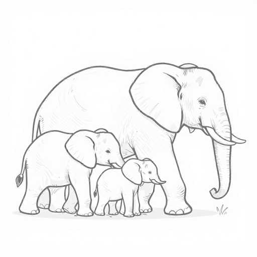 This black and white line drawing features a family of three elephants, rendered in a simple yet detailed style. The largest elephant, presumably the mother, stands prominently in the center with her trunk curled under. She has two tusks and a visible eye, and her ears are depicted with a series of lines to indicate texture. To her left, a smaller elephant, likely her child, stands with its trunk raised and a single visible eye. This child elephant also has a tuft of hair at the end of its trunk. In front of the mother, a baby elephant stands with its trunk curled under, showing only one visible eye. The drawing includes a subtle shadow beneath the elephants, adding depth to the image. In the bottom right corner, there are a few small lines representing grass, completing the scene.