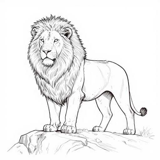 A detailed, black and white line drawing of a majestic male lion standing proudly on a rocky outcrop. The lion is depicted in a classic, powerful pose with its head held high and eyes looking forward. Its thick, fluffy mane frames its face, and the lines emphasize the musculature of its body. The drawing is highly detailed, showcasing texture in the fur and rock formations. The overall style is illustrative, suitable for a coloring book or as a standalone piece of art.