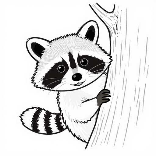 This black and white illustration features a charming cartoon raccoon perched on the left side of a tree trunk. The raccoon, with its distinctive black mask around the eyes and a white nose, gazes directly at the viewer with large, expressive eyes. Its fur is a blend of white and gray, adding depth to its character. The raccoon's right arm is wrapped around the tree trunk, while its left arm hangs down, and its bushy tail, adorned with black and white stripes, extends to the left. The tree trunk, detailed with vertical lines to indicate texture, is partially visible, showing only its left side. The raccoon's mouth is slightly open, giving it a curious and endearing expression.