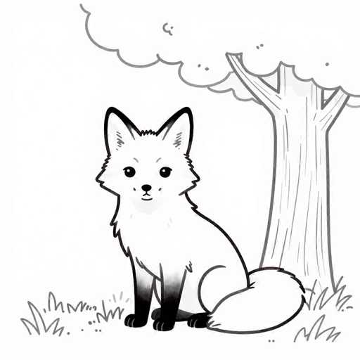 A black and white line drawing of a fox sitting on the ground next to a tree. The fox is facing forward, looking directly at the viewer with large, expressive eyes. Its fur is fluffy and detailed, with a bushy tail curled around its body. The tree has a thick trunk and branches that extend upwards, with a few simple leaves sketched on them. The ground is covered in grass and some small flowers are drawn near the base of the tree. The overall style is simple yet charming, with a focus on capturing the fox's gentle expression and the peaceful setting.