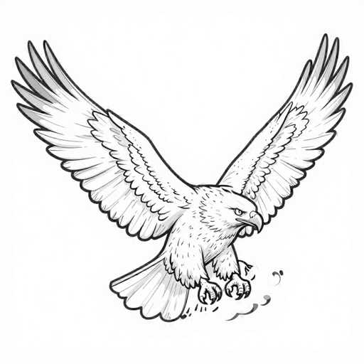 This black and white illustration depicts a fierce bird of prey, likely a hawk or eagle, in mid-flight with its wings fully extended. The bird's head is turned to the right, showcasing a sharp, hooked beak and a piercing eye. Its talons are outstretched, ready to grasp its unseen prey. The bird's plumage is meticulously detailed, with feathers outlined in black and shaded in gray, creating a striking contrast against the white background. The wings are spread wide, with the left wing appearing slightly larger than the right. The bird's tail feathers are fanned out, adding to its dynamic appearance. Below the bird, there are small black squiggles, possibly representing wind or movement. The overall composition captures the bird's powerful and predatory nature, making it a captivating and intense image.