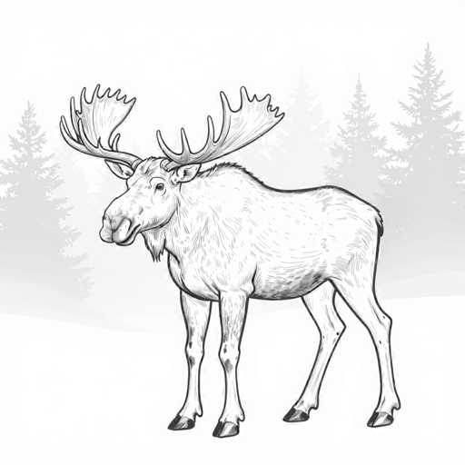 This black and white illustration depicts a moose standing in a snowy landscape. The moose, facing left, is rendered in a detailed, cartoonish style with a prominent set of large antlers. Its fur is textured with black lines, and it has a distinctive beard under its chin. The moose's eyes are black, and its hooves are black with white lines indicating snow. The background features a gradient of gray, transitioning from lighter at the top to darker at the bottom, with silhouettes of tall pine trees. The overall scene is set against a white ground, emphasizing the wintry setting.