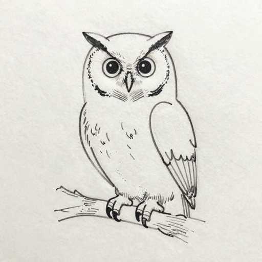 This detailed black and white drawing depicts a majestic owl perched on a branch. The owl's body is oriented towards the left, but its head is turned to face the viewer directly, creating a captivating and intense gaze. Its large, expressive eyes dominate its face, giving it a watchful and somewhat mysterious appearance. The beak is small and pointed, adding to the owl's sharp features.

The owl's plumage is intricately drawn, with each feather meticulously illustrated to showcase the texture and depth of its feathers. The wings are folded neatly against its body, and its feet are firmly gripping the branch. The branch itself is rendered with simple lines, providing a natural perch for the owl.

The background is left blank, allowing the viewer's focus to remain entirely on the detailed and lifelike portrayal of the owl. The artist has skillfully captured the essence of the owl, from its piercing eyes to the delicate structure of its feathers, creating a striking and memorable image.