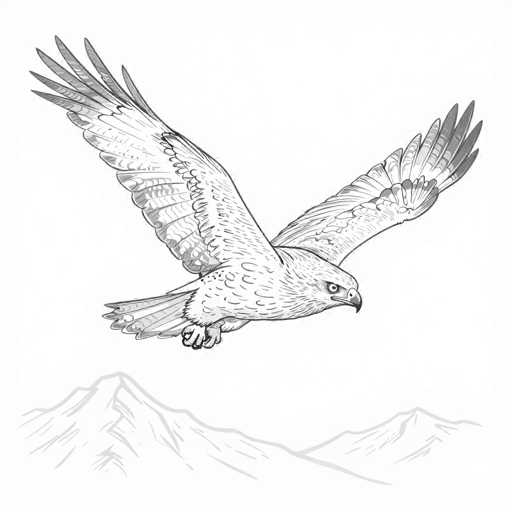 This black and white illustration features a majestic bird of prey, likely a hawk or eagle, soaring through the sky. The bird is depicted in mid-flight, with its wings fully extended, showcasing a striking contrast between the lighter inner feathers and the darker outer ones. Its sharp, curved beak and piercing eye are prominently visible, adding to its fierce and determined appearance. The bird's talons are clenched, suggesting it might be in pursuit of prey. Below the bird, the landscape is rendered in a minimalist style, with two mountain peaks outlined in light gray against a stark white background. The overall composition emphasizes the bird's powerful presence and the simplicity of the natural setting.