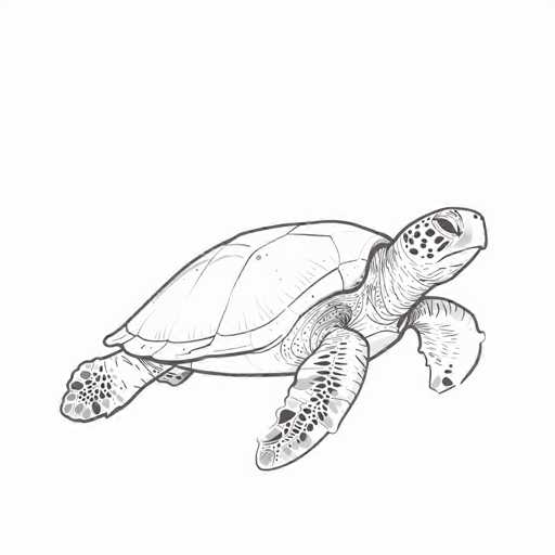 This image features a detailed black and white line drawing of a sea turtle, set against a plain white background. The turtle is depicted in a side profile, facing to the right, with its head extended and neck slightly curved. The shell is intricately outlined, showcasing the characteristic lines and patterns typical of a sea turtle's carapace. The turtle's flippers are extended, with the right front flipper more prominently visible. Both the front and back flippers, as well as the head, are adorned with numerous black spots, adding texture and detail to the drawing. The turtle's eye is open, and its mouth is closed, giving it a serene expression. The overall composition is simple yet detailed, focusing solely on the sea turtle without any additional elements or text.