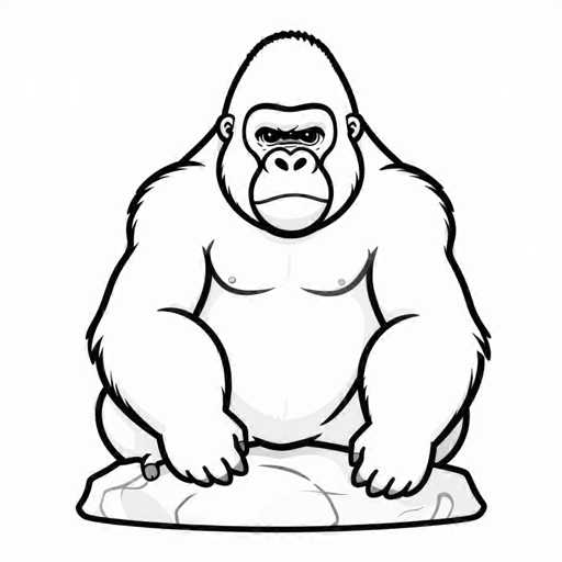 The image depicts a detailed black and white drawing of a gorilla, characterized by its thick black outlines and minimal shading. The gorilla is seated on a rock, with its hands resting on its knees, and its feet tucked underneath. The creature's face is round with a pronounced nose, and it has a serious, almost angry expression, emphasized by its furrowed eyebrows. The gorilla's eyes are dark, and its mouth is closed, giving it a stern appearance. Its body is covered in fur, with visible nipples on its chest. The rock it sits on is shaded in gray, adding depth to the otherwise monochromatic drawing. The overall style of the image is reminiscent of a coloring book page, with its bold outlines and lack of intricate details.