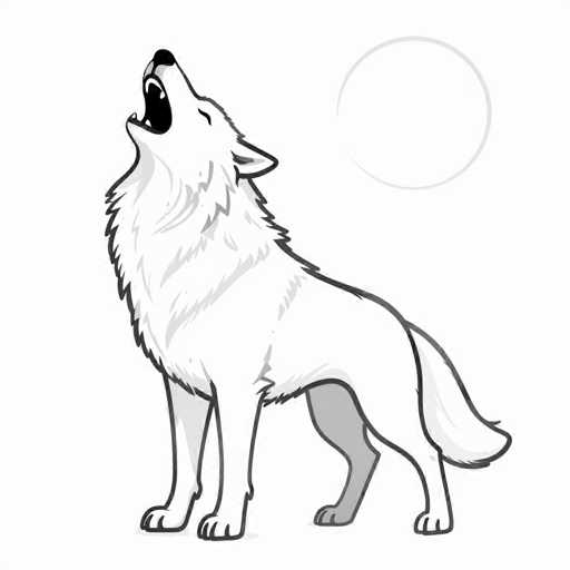 The image features a detailed black and white drawing of a wolf, set against a stark white background. The wolf is depicted in a side profile, facing left, with its head tilted upwards and mouth wide open, as if howling at the moon. The wolf's fur is primarily white, with subtle gray shading on its chest, belly, and the underside of its tail. Its nose and mouth are black, and its eyes are closed, giving it a serene expression. The wolf's ears are pointed and directed backward, and its legs are straight, with the front legs slightly bent. The tail is long and fluffy, extending down to the bottom right corner of the image. Above the wolf, there is a light gray circle, resembling the moon, adding to the nocturnal atmosphere of the scene. The overall composition is simple yet evocative, capturing the essence of a lone wolf in the night.