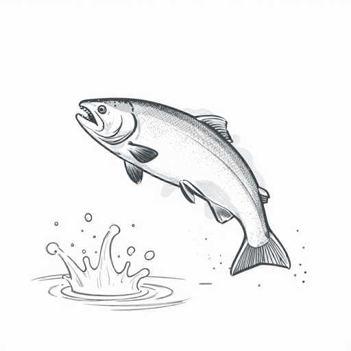 This black and white illustration depicts a fish, likely a trout, leaping out of the water. The fish is positioned diagonally, with its head pointing towards the upper left corner and its tail towards the lower right. The fish's mouth is open, revealing sharp teeth, and its eyes are wide open. The body of the fish features a crosshatched pattern on the top and a speckled pattern on the bottom. It has a dorsal fin on top, a pectoral fin on the side, and two fins near the tail. The tail fin is forked, with one part pointing up and the other down. Below the fish, there is a splash in the water, illustrated with circular ripples and small bubbles. The entire scene is set against a white background, emphasizing the dynamic movement of the fish.