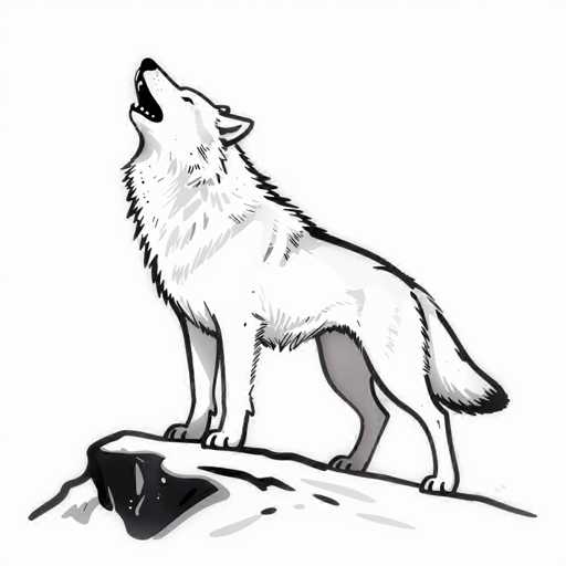 This black and white illustration features a wolf prominently positioned in the center of the image. The wolf is depicted with its mouth open, revealing sharp teeth, and its head tilted upwards as if howling at the moon. The creature's fur is primarily white, with darker shading on its back, tail, and the top of its head. The wolf's eyes are not visible, adding to the mysterious aura of the drawing. It stands on a rocky surface, which is detailed with black shading to enhance the contrast and texture. The background is entirely white, making the wolf and the rock stand out starkly. The overall composition is simple yet striking, focusing solely on the wolf and its natural habitat.