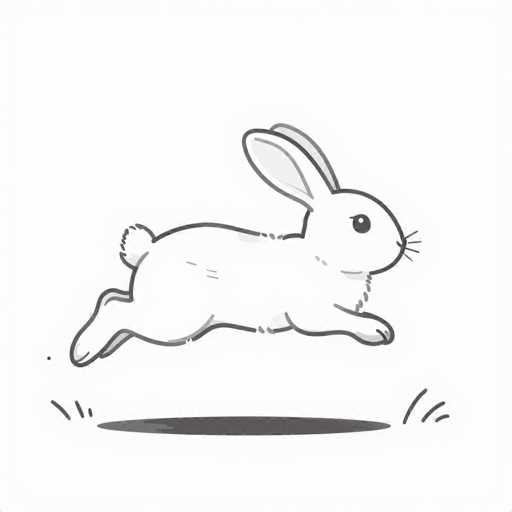 This image features a detailed black and white drawing of a rabbit in mid-leap. The rabbit, outlined in black with gray shading, is depicted facing to the right, with its front paws extended forward and its back paws trailing behind. Its ears are perked up, and it has a small, round black eye and a tiny black nose. The rabbit's whiskers are represented by simple lines extending from its face. A small, fluffy tail is visible at the back. Beneath the rabbit, there is a dark gray oval representing the shadow it casts on the ground. The background is minimalistic, with just a few lines suggesting grass on either side of the rabbit. The overall style of the drawing is simple yet detailed, capturing the essence of the rabbit's movement and form.