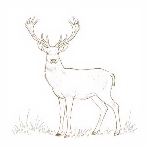 This image features a detailed, black-and-white line drawing of a majestic buck, likely a deer or elk, standing in a grassy field. The animal is depicted in profile, facing left, with its head turned towards the viewer, creating a sense of engagement. The buck's impressive antlers, which are fully developed with multiple points, dominate the upper portion of the image. The drawing is rendered in a style reminiscent of a coloring book, with fine lines and minimal shading, primarily using black ink on a white background. The grass beneath the animal is illustrated with simple, vertical lines, adding texture to the scene. The buck's body is mostly white, with subtle black shading on its chest and legs, and it has small, dark hooves. The overall composition is simple yet striking, capturing the essence of the animal in a clean, elegant manner.