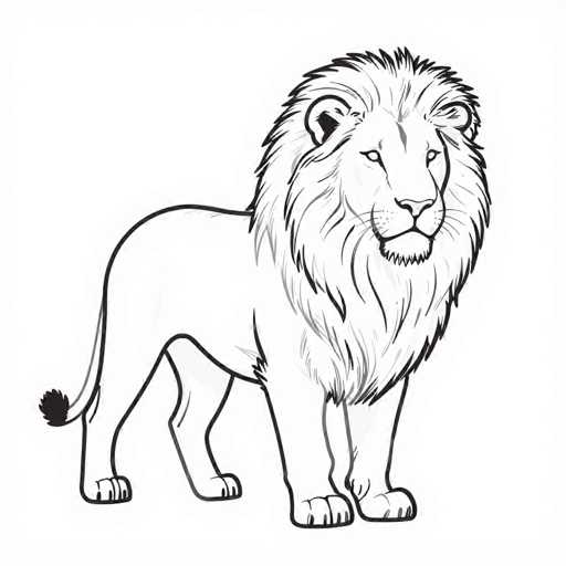 This image features a detailed black and white line drawing of a male lion, depicted from a side view with its head turned slightly towards the viewer. The lion's mane is intricately drawn, with varying line thicknesses that create a textured, almost spiky appearance. The lion's eyes are simple white dots, and its nose is a small, curved shape. The lion's body is outlined in black, with the mane rendered in a lighter gray, adding depth to the drawing. The lion's tail is long and extends behind it, ending in a small, fluffy tuft. The legs are drawn with distinct lines, and the paws are visible, each showing four claws. The overall style of the drawing is reminiscent of a coloring book page, with its clear, bold lines and lack of shading, set against a plain white background.