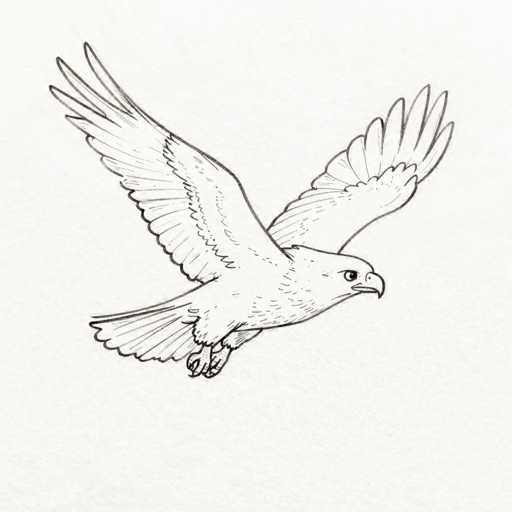 This image features a detailed black and white drawing of a bird in flight, likely a hawk or eagle, set against a light gray background. The bird is depicted with its wings fully extended, showcasing a mix of solid black outlines and intricate feather details. The head is turned to the right, revealing a sharp, curved beak and a keen, focused eye. The bird's body is primarily white, with some black shading to enhance its form. Its tail feathers are spread out, and its talons are visible, adding to the dynamic sense of motion. The overall composition captures the bird's powerful presence and graceful flight, with a high level of detail in the feathers and anatomy.