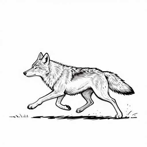 This black and white illustration features a detailed depiction of a wolf in mid-run, facing left. The wolf's body is elongated, with its front legs extended forward and its back legs trailing behind. Its fur is meticulously rendered, with a mix of black, gray, and white shades, giving it a textured appearance. The wolf's head is turned slightly towards the viewer, showcasing its alert expression, with one eye visible and its ears perked up. The tail, bushy and fluffy, is positioned towards the right side of the image. The ground beneath the wolf is illustrated with simple black lines, suggesting a grassy terrain, and there are small patches of grass depicted in the bottom corners of the image. The overall composition is set against a plain white background, emphasizing the wolf's dynamic movement and detailed fur.