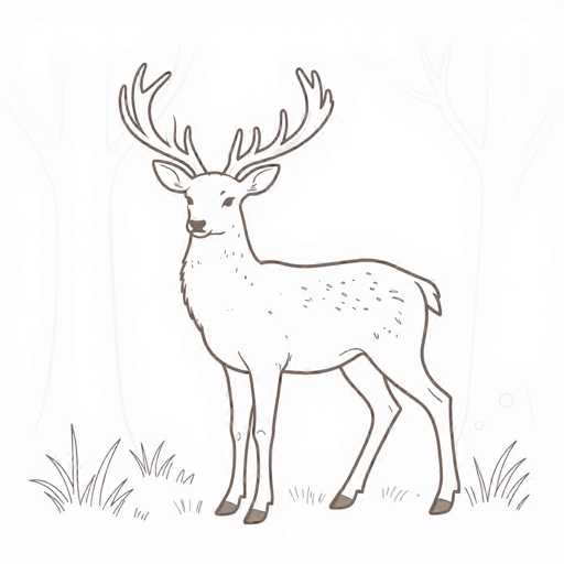 This image features a detailed black and white line drawing of a buck, a male deer, standing in a grassy field. The buck is depicted in profile, facing left, with its head turned towards the viewer, giving it a curious expression. It has large, symmetrical antlers with four points on each side, and its ears are perked up attentively. The deer's body is adorned with small black speckles, particularly around its neck and back, and it has a short, stubby tail. Its hooves are colored in a dark brown, contrasting with the white of its body. The background is minimalistic, with faint outlines of trees and tufts of grass, emphasizing the simplicity and focus on the deer itself. The overall style of the drawing is reminiscent of a coloring book page, with its clean lines and lack of shading, inviting viewers to add their own colors.