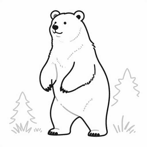A black and white line drawing of a polar bear standing in a snowy landscape. The bear is facing forward, with its paws tucked in and head tilted slightly to the left. There are two stylized pine trees on either side of the bear, and some simple grass is drawn at the bottom. The overall style is cartoonish and whimsical.