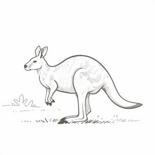 This black and white line drawing depicts a kangaroo standing on a grassy area. The kangaroo, facing left, has its front paws raised slightly in front of it, with its long tail extending to the right. The image features a simple, sketch-like style with minimal shading, primarily using gray and black lines to define the kangaroo's form. The background includes a small bush or shrub on the left side, adding to the natural setting. The overall composition is straightforward, with no text or additional elements, focusing solely on the kangaroo and its immediate surroundings.