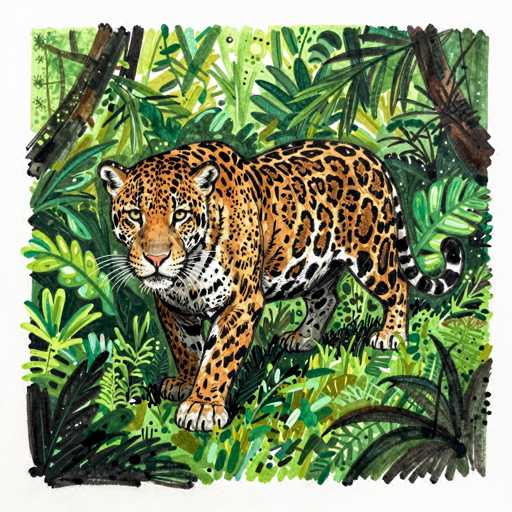 A vibrant watercolor illustration of a jaguar in its natural habitat. The jaguar is depicted with a detailed, textured coat of orange spots on a white background, its eyes are intense and focused. The surrounding environment is lush with various shades of green foliage, including large leaves, ferns, and tree trunks. The style is loose and expressive, with visible brushstrokes adding to the organic feel of the artwork.