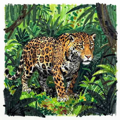 A detailed watercolor painting of a jaguar in a lush jungle setting. The jaguar is positioned in the center, facing forward with its head turned slightly to the left, showcasing its intense gaze. Its spotted coat is a rich mix of browns and blacks, with white spots contrasting against the darker fur. The artist has captured the jaguar's powerful build and alert expression, with its whiskers and piercing eyes clearly visible. 

The background is a vibrant jungle scene, filled with various shades of green foliage – large leaves, ferns, and vines. The watercolor technique is evident in the soft washes of color, creating a sense of depth and texture within the jungle. The brushstrokes are visible, adding to the artistic quality of the piece. 

The overall composition is balanced and immersive, drawing the viewer into the heart of the jungle and highlighting the majestic presence of the jaguar. The painting exudes a sense of wildness, capturing the essence of the animal's natural habitat.