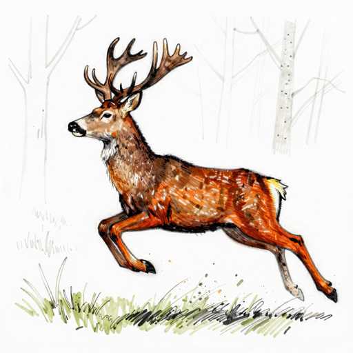 A detailed, hand-drawn illustration of a running deer in a forest setting. The deer is depicted mid-stride, with its body angled to the left and its head turned to look over its shoulder. The artist has used a combination of fine lines, washes, and textured strokes to create a sense of movement and depth. The deer's coat is a mix of warm browns, oranges, and creams, with subtle highlights suggesting light. The background features loosely sketched trees and grass, giving the impression of a natural forest environment. The overall style is whimsical yet realistic, capturing the grace and energy of the animal in motion.