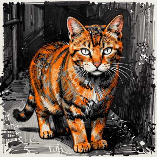 A detailed, stylized illustration of an orange tabby cat standing in a dimly lit room. The cat is facing the viewer, with its bright eyes and expressive face clearly visible. The background is a mix of dark, abstract shapes suggesting shadows and textures, with some lighter areas hinting at light sources. The overall style is reminiscent of a printmaking technique, possibly woodcut or linocut, with bold lines and a limited color palette. The cat's fur is depicted with a combination of orange, black, and white stripes, giving it a dynamic and textured appearance. The composition is balanced, drawing the viewer's attention to the cat's focused gaze and alert posture.