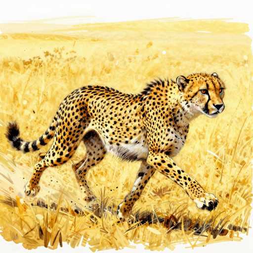 This detailed painting depicts a cheetah in a dynamic, mid-stride pose, running towards the right side of the frame. The cheetah's body is adorned with numerous black spots, and its fur is a striking blend of yellow and orange hues. The animal's face features a distinctive black line extending from its nose to the back of its head, complemented by orange eyes and a black nose. Its mouth is closed, and its ears are perked up attentively. The cheetah's underbelly is white, and its tail is marked with black stripes. The background consists of a field of tall, yellow grass, with some areas appearing brown and others white, adding depth and texture to the scene. The cheetah's front paws are lifted off the ground, capturing the essence of its swift movement. The overall composition is set against a white backdrop, emphasizing the vivid colors and intricate details of the cheetah and its surroundings.