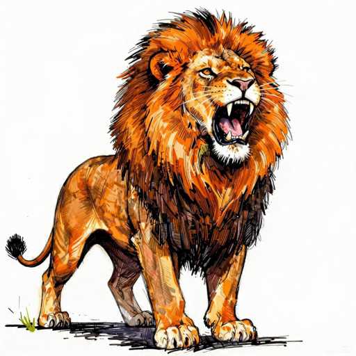 This detailed illustration depicts a majestic male lion standing on a black surface, set against a stark white background. The lion's body is oriented to the right, while his head is turned towards the viewer, giving a fierce and intense expression. His mouth is wide open, revealing sharp, white fangs, and his eyes are a striking yellow with black pupils. The lion's fur is a rich blend of orange, brown, and black, with a particularly prominent, voluminous mane that features black tips. His tail, which is black at the tip, curls slightly to the left. The lion's front paws are positioned forward, and his back legs are spread apart, showcasing his strength. A small patch of green grass is visible in the bottom left corner of the image, adding a touch of natural color to the otherwise minimalist setting. The overall composition emphasizes the lion's powerful and regal presence.