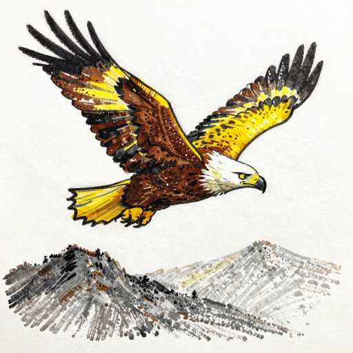 This detailed illustration features a majestic bald eagle soaring through the sky. The eagle's head is adorned with pristine white feathers, contrasting sharply with its piercing yellow eyes and a sharp, curved yellow beak. Its body is covered in rich brown feathers, while its wings display a striking combination of yellow and black feathers, with the yellow feathers near the body transitioning to black towards the tips. The eagle's powerful yellow talons are extended, ready to grasp its prey. Below the eagle, a rugged mountain range stretches across the bottom of the image, depicted in shades of gray, black, and brown, with hints of yellow suggesting patches of snow. The entire scene is set against a clean white background, emphasizing the eagle's dynamic flight and the stark beauty of the mountains beneath it.